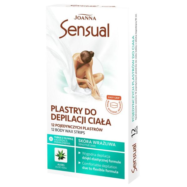 Joanna Sensual plastry do depilacji ciała Aloes 12szt + tubka z oliwką łagodzącą podrażnienia 10ml