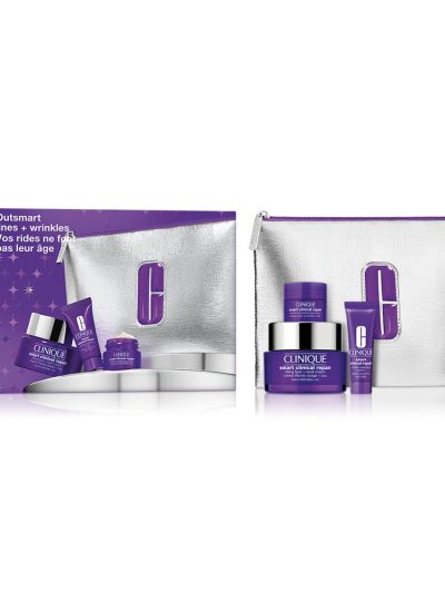 Clinique Outsmart Lines + Wrinkles zestaw przeciwstarzeniowy krem do twarzy i na szyję 50ml + przeciwstarzeniowe serum 10ml + przeciwstarzeniowy krem pod oczy 5ml + kosmetyczka