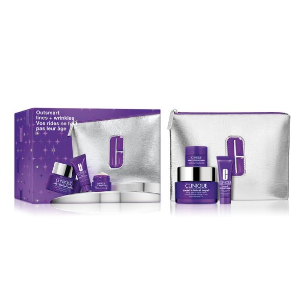 Clinique Outsmart Lines + Wrinkles zestaw przeciwstarzeniowy krem do twarzy i na szyję 50ml + przeciwstarzeniowe serum 10ml + przeciwstarzeniowy krem pod oczy 5ml + kosmetyczka