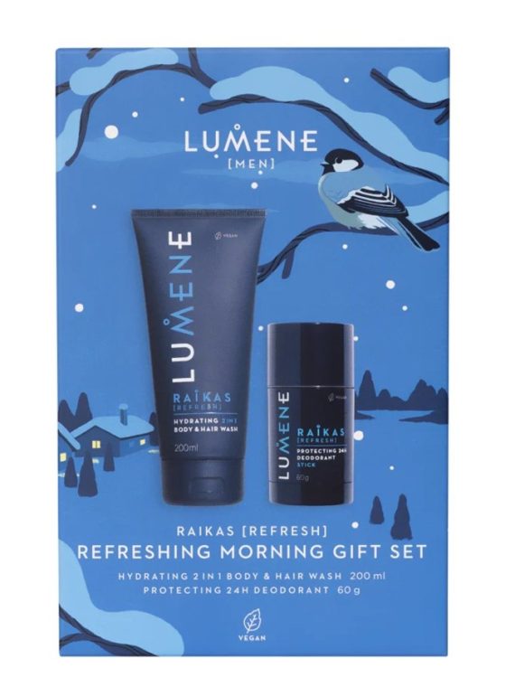 Lumene Men Raikas Refreshing Morning zestaw Hydrating 2in1 Body & Hair Wash żel pod prysznic 200ml + Protecting 24H Deodorant Stick dezodorant w sztyfcie 60g