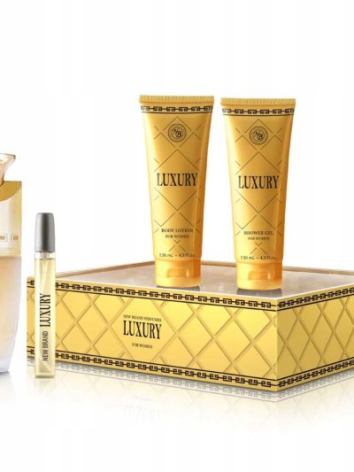 New Brand Luxury For Women zestaw woda perfumowana 100ml + balsam do ciała 130ml + żel pod prysznic 130ml + woda perfumowana 15ml