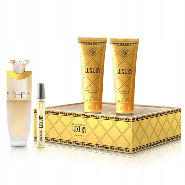 New Brand Luxury For Women zestaw woda perfumowana 100ml + balsam do ciała 130ml + żel pod prysznic 130ml + woda perfumowana 15ml