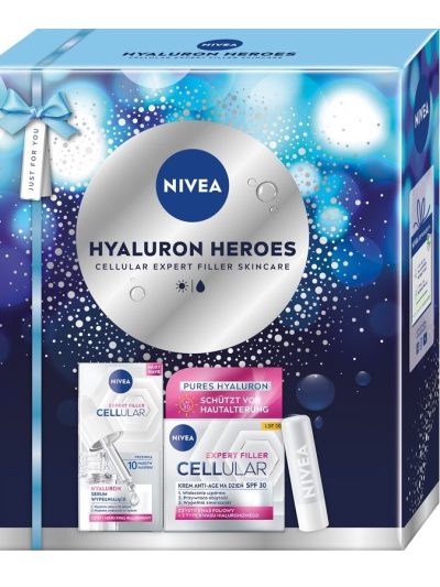 Nivea Hyaluron Heroes zestaw serum wypełniające 15ml + krem anti-age na dzień SPF30 50ml + nawilżający balsam do ust 4.8g