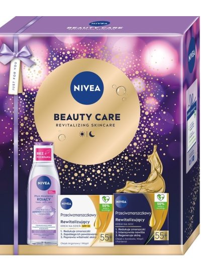 Nivea Beauty Care zestaw rewitalizujący krem na dzień SPF15 55+ 50ml + rewitalizujący krem na noc 55+ 50ml + kojący płyn micelarny 200ml