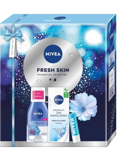 Nivea Fresh Skin zestaw odświeżający krem na dzień 50ml + dwufazowy płyn do demakijażu oczu 125ml + pielęgnująca pomadka do ust 4.8g