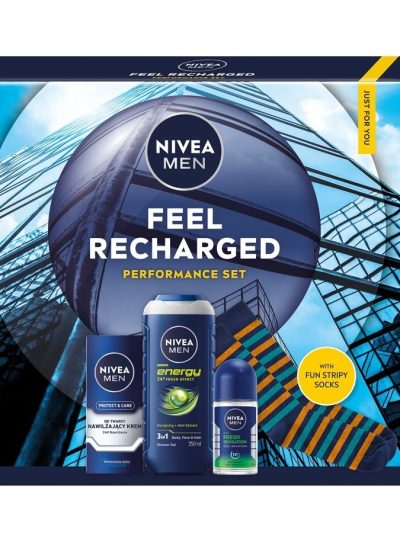 Nivea Men Feel Recharged zestaw nawilżający krem do twarzy 75ml + żel pod prysznic 3w1 250ml + antyperspirant roll-on 50ml