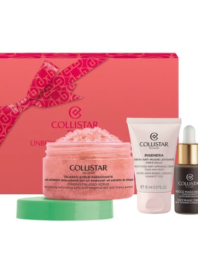 Collistar Unbox Your Uniqueness zestaw pomadka do ust 102 1.2ml + krople samoopalające do twarzy 10ml + przeciwzmarszczkowy krem wygładzający 15ml + ujędrniający peeling do ciała 70g
