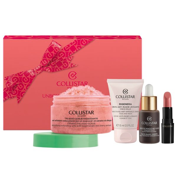Collistar Unbox Your Uniqueness zestaw pomadka do ust 102 1.2ml + krople samoopalające do twarzy 10ml + przeciwzmarszczkowy krem wygładzający 15ml + ujędrniający peeling do ciała 70g