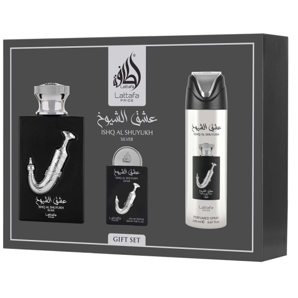 Lattafa Ishq Al Shuyukh Silver zestaw woda perfumowana 100ml + woda perfumowana 20ml + dezodorant 200ml