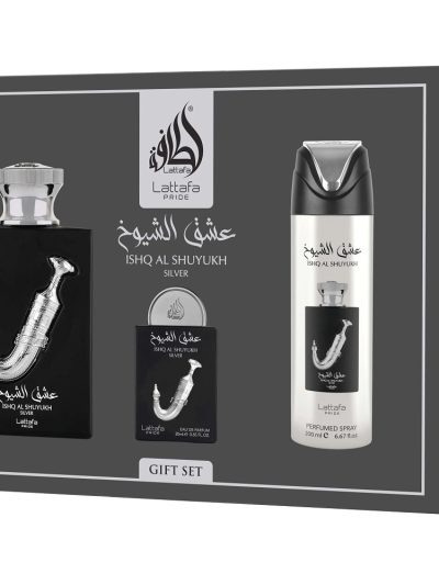 Lattafa Ishq Al Shuyukh Silver zestaw woda perfumowana 100ml + woda perfumowana 20ml + dezodorant 200ml