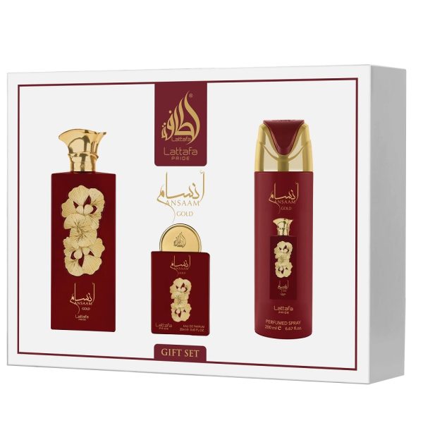 Lattafa Ansaam Gold zestaw woda perfumowana 100ml + woda perfumowana 20ml + dezodorant 200ml