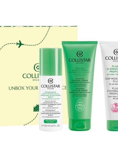 Collistar Unbox Your Confidence zestaw dezodorant w sprayu 100ml + fluid głęboko nawilżający 100ml + kremowy żel pod prysznic 100ml