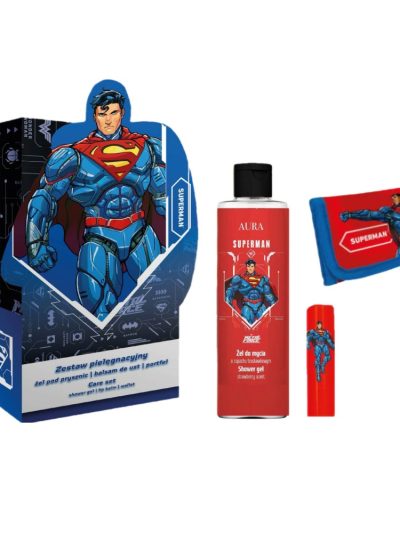 Aura Superman zestaw żel pod prysznic 200ml + balsam do ust 3.8g + portfel