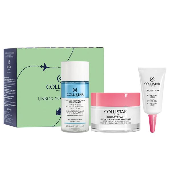 Collistar Unbox Your Confidence zestaw hydro-żel pod oczy 5ml + dwufazowy płyn do demakijażu 35ml + krem głęboko nawilżający 30ml