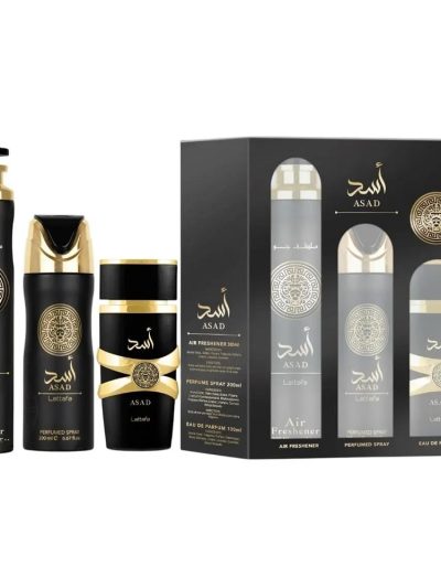 Lattafa Asad zestaw woda perfumowana spray 100ml + dezodorant spray 200ml + odświeżacz powietrza 300ml