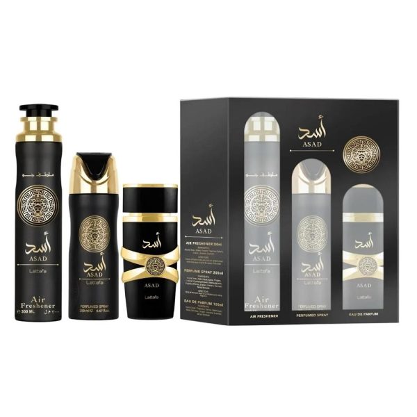 Lattafa Asad zestaw woda perfumowana 100ml + dezodorant 200ml + odświeżacz powietrza 300ml