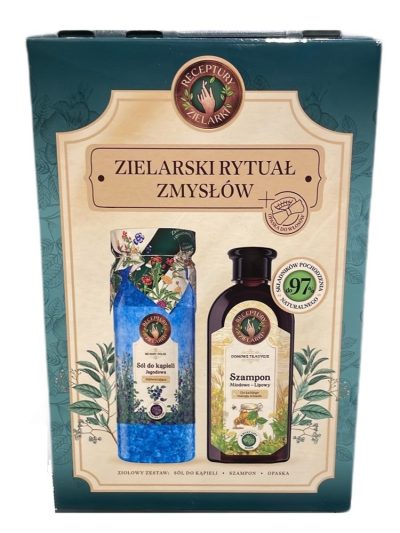 Receptury Zielarki Zielarski Rytuał Zmysłów zestaw szampon Miodowo-Lipowy do każdego rodzaju włosów 350ml + sól do kąpieli Jagoda 700g + opaska do włosów z kokardą 1szt