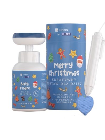 HiSkin Kids Merry Christmas kreatywny zestaw dla dzieci niebieska pianka do mycia Jagodowa 300ml + długopis 3D 1szt