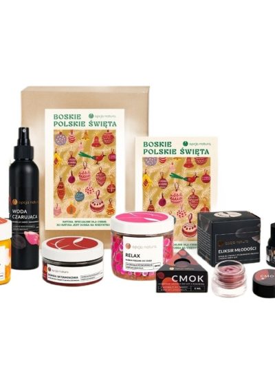 Opcja Natura Boskie Polskie Święta zestaw woda czarująca 100ml + słodki peeling do ciała 200ml + ochronne masło do ust z żurawiną 5ml + eliksir młodoścI 50ml + mus rokitnikowy do ciała 120ml + maseczka do twarzy z glinką czerwoną 100ml