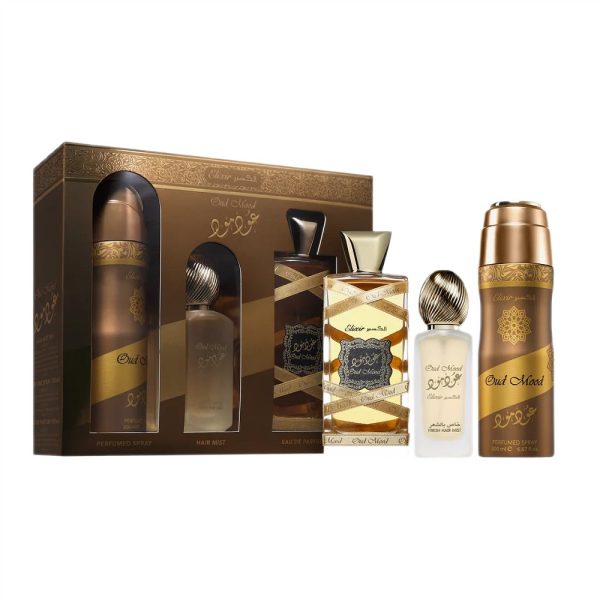 Lattafa Oud Mood Elixir zestaw woda perfumowana 100ml + mgiełka do włosów 50ml + dezodorant 200ml