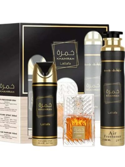 Lattafa Khamrah zestaw woda perfumowana spray 100ml + dezodorant spray 200ml + odświeżacz powietrza 300ml