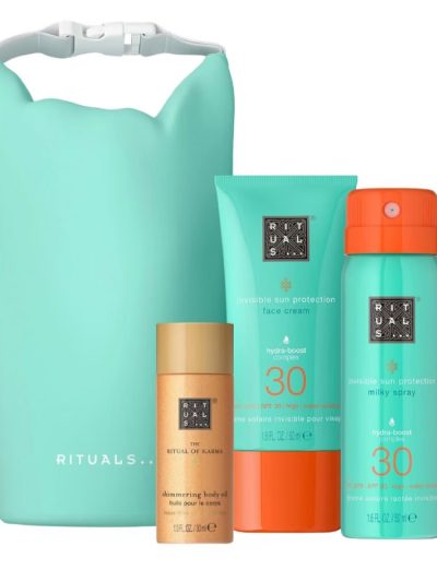 Rituals The Ritual of Karma zestaw błyszczący olejek do ciała 30ml + krem do twarzy SPF30 50ml + mleczko do opalania w sprayu SPF30 50ml