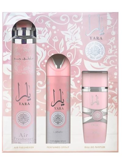 Lattafa Yara zestaw woda perfumowana spray 100ml + dezodorant spray 200ml + odświeżacz powietrza 300ml