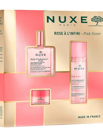 Nuxe Rose A L'infini Pink Fever zestaw łagodząca woda micelarna 3w1 100ml + różany balsam do ust 15g + suchy olejek regenerujący 50ml