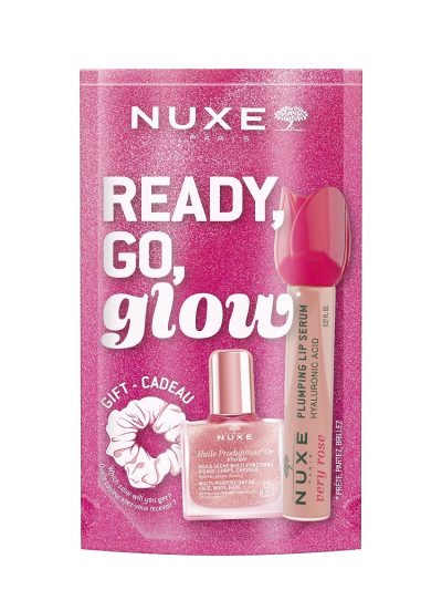 Nuxe Ready Go Glow zestaw suchy olejek regenerujący 10ml + nawilżające serum powiększające usta 8ml + gumka do włosów