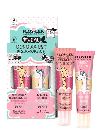 Floslek Vege Lip Care zestaw odnowa ust w 2 krokach cukrowy scrub nastrojowy wiśniowy + maska do ust cytrynowa odnowa 2x14g