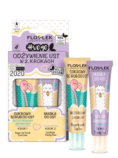Floslek Vege Lip Care zestaw odżywienie ust w 2 krokach cukrowy scrub bezstresowy limonkowy + maska do ust stylowa gruszkowa 2x14g