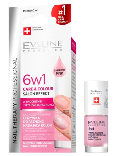 Eveline Cosmetics Nail Therapy Professional 6w1 Care & Colour skoncentrowana odżywka do paznokci nadająca kolor Shimmer Pink 5ml