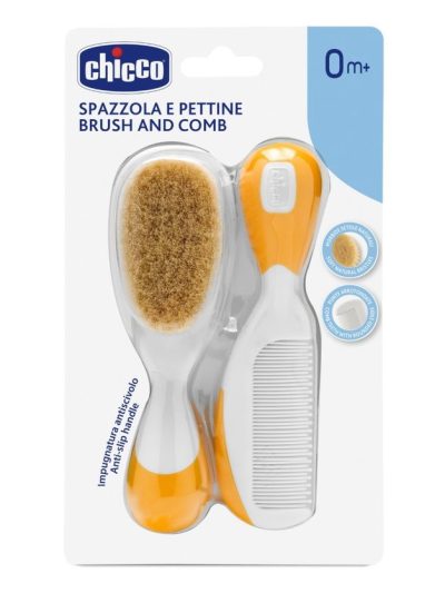 Chicco Brush and Comb zestaw szczotka z naturalnego włosia + grzebyk 0m+ Pomarańczowy