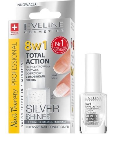 Eveline Cosmetics Nail Therapy Professional 8w1 Total Action Silver Shine skoncentrowana odżywka do paznokci z drobinkami srebra 12ml