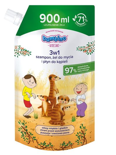 Bambino Dzieciaki 3w1 szampon żel pod prysznic i płyn do kąpieli Surykatki zapas 900ml