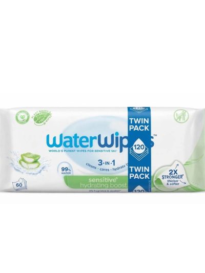 WaterWipes Sensitive+ Nawilżający Zastrzyk chusteczki łagodzące z aloesem 2x60szt.