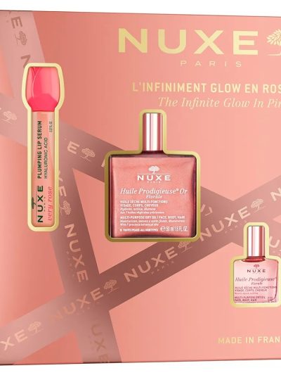 Nuxe The Infinite Glow In Pink zestaw suchy olejek z drobinkami 50ml + nawilżające serum powiększające usta 8ml + suchy olejek 10ml